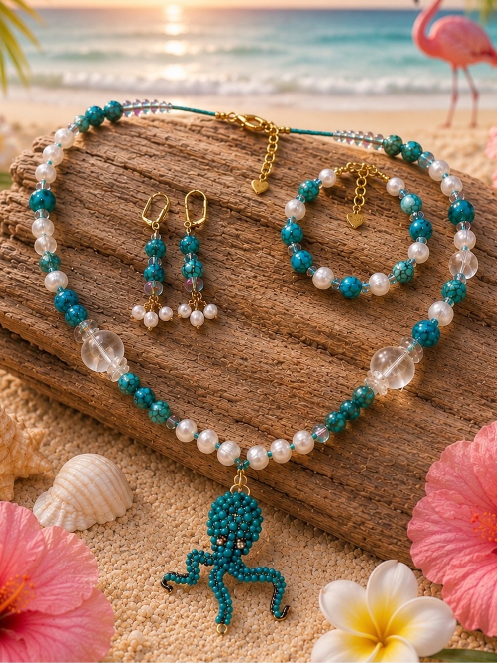 Turquoise OCTOPUS & Freshwater Pearls, Cornflake Pearls, Dyed Howlite, Sea Glass